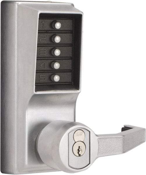Kaba Access - Combination Entry Lever Lockset with Key Override - 2-3/4" Back Set, No Cylinder, Zamak3, Satin Chrome Finish - Exact Industrial Supply