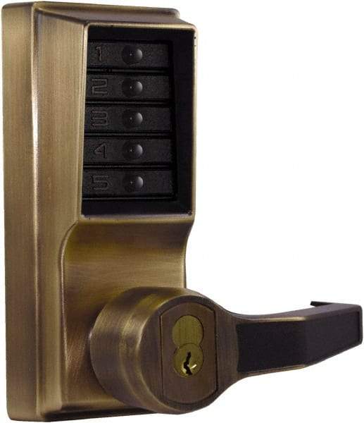 Kaba Access - Combination Entry Lever Lockset with Key Override - 2-3/4" Back Set, No Cylinder, Zamak3, Antique Brass Finish - Exact Industrial Supply