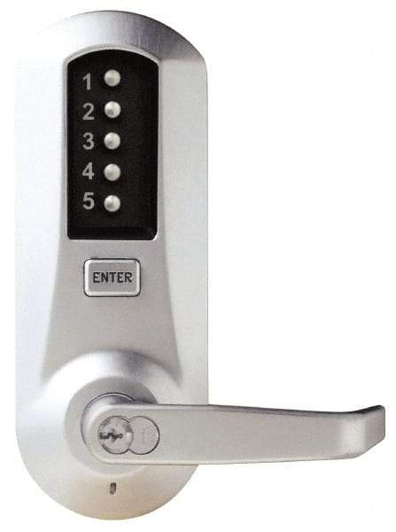 Kaba Access - Combination Entry Lever Lockset with Key Override - 2-3/4" Back Set, No Cylinder, Zamak3, Satin Chrome Finish - Exact Industrial Supply