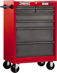 Proto - 8 Drawer Steel Tool Roller Cabinet - 27" Wide x 42" High x 18" Deep, Ball Bearing Drawer Slides, Safety Red/Gray - Exact Industrial Supply