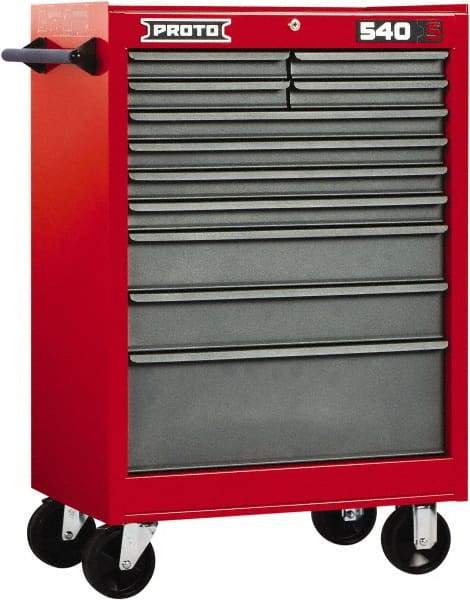Proto - 11 Drawer Steel Tool Roller Cabinet - 27" Wide x 42" High x 18" Deep, Ball Bearing Drawer Slides, Safety Red/Gray - Exact Industrial Supply