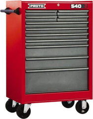 Proto - 11 Drawer Steel Tool Roller Cabinet - 27" Wide x 42" High x 18" Deep, Ball Bearing Drawer Slides, Safety Red/Gray - Exact Industrial Supply