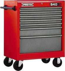 Proto - 7 Drawer Steel Tool Roller Cabinet - 27" Wide x 35" High x 18" Deep, Ball Bearing Drawer Slides, Safety Red/Gray - Exact Industrial Supply