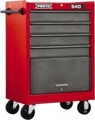 Proto - 4 Drawer Steel Tool Roller Cabinet - 27" Wide x 42" High x 18" Deep, Ball Bearing Drawer Slides, Safety Red/Gray - Exact Industrial Supply