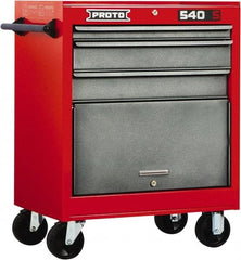 Proto - 3 Drawer Steel Tool Roller Cabinet - 27" Wide x 35" High x 18" Deep, Ball Bearing Drawer Slides, Safety Red/Gray - Exact Industrial Supply