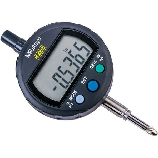 Mitutoyo - 0 to 1/2" Range, 0.00005" Graduation, Electronic Drop Inidicator - Flat Back, 0.001" Accuracy, LCD Display, Inch & Metric - Exact Industrial Supply