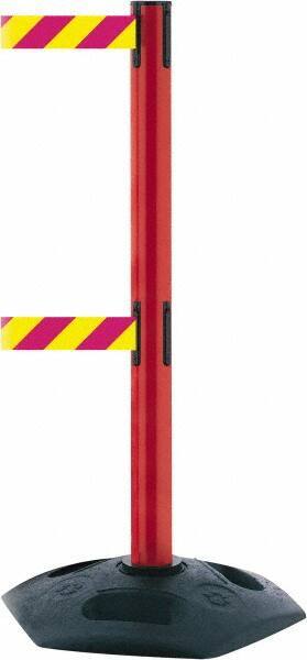 Tensator - 38" High, 2-1/2" Pole Diam, 4 Way Stanchion - 19" Base Diam, Octagon Recycled Rubber Base, Red Plastic Post, 7-1/2' x 2" Tape, Dual Line Tape, For Outdoor Use - Exact Industrial Supply