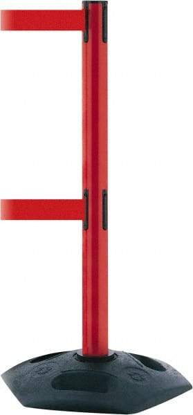 Tensator - 38" High, 2-1/2" Pole Diam, 4 Way Stanchion - 19" Base Diam, Octagon Recycled Rubber Base, Red Plastic Post, 7-1/2' x 2" Tape, Dual Line Tape, For Outdoor Use - Exact Industrial Supply