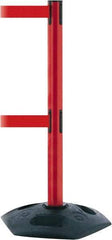 Tensator - 38" High, 2-1/2" Pole Diam, 4 Way Stanchion - 19" Base Diam, Octagon Recycled Rubber Base, Red Plastic Post, 7-1/2' x 2" Tape, Dual Line Tape, For Outdoor Use - Exact Industrial Supply