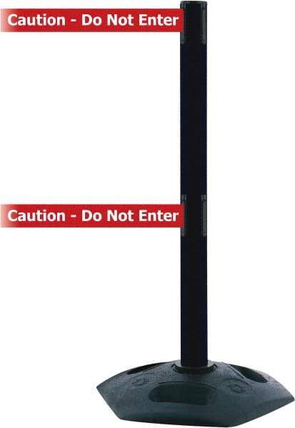 Tensator - 38" High, 2-1/2" Pole Diam, 4 Way Stanchion - 19" Base Diam, Octagon Recycled Rubber Base, Black Plastic Post, 7-1/2' x 2" Tape, Dual Line Tape, For Outdoor Use - Exact Industrial Supply