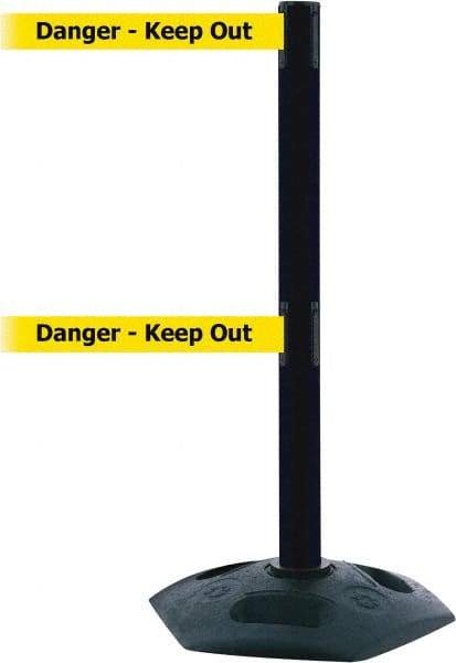 Tensator - 38" High, 2-1/2" Pole Diam, 4 Way Stanchion - 19" Base Diam, Octagon Recycled Rubber Base, Black Plastic Post, 7-1/2' x 2" Tape, Dual Line Tape, For Outdoor Use - Exact Industrial Supply