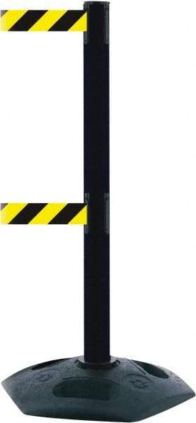 Tensator - 38" High, 2-1/2" Pole Diam, 4 Way Stanchion - 19" Base Diam, Octagon Recycled Rubber Base, Black Plastic Post, 7-1/2' x 2" Tape, Dual Line Tape, For Outdoor Use - Exact Industrial Supply