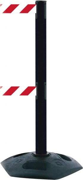 Tensator - 38" High, 2-1/2" Pole Diam, 4 Way Stanchion - 19" Base Diam, Octagon Recycled Rubber Base, Black Plastic Post, 7-1/2' x 2" Tape, Dual Line Tape, For Outdoor Use - Exact Industrial Supply