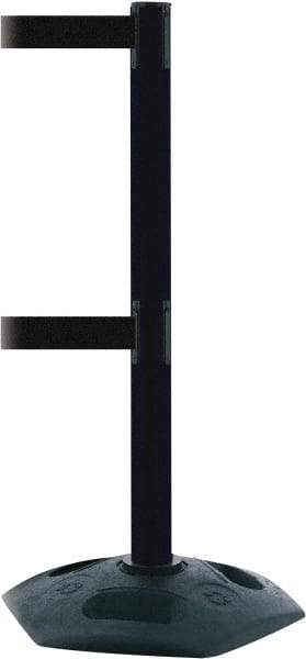 Tensator - 38" High, 2-1/2" Pole Diam, 4 Way Stanchion - 19" Base Diam, Octagon Recycled Rubber Base, Black Plastic Post, 7-1/2' x 2" Tape, Dual Line Tape, For Outdoor Use - Exact Industrial Supply