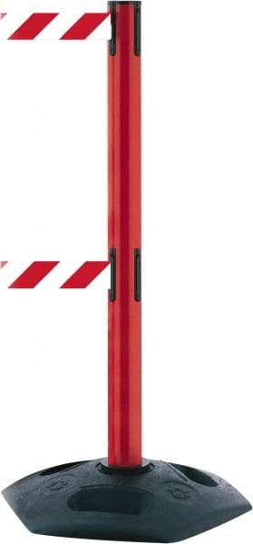 Tensator - 38" High, 2-1/2" Pole Diam, 4 Way Stanchion - 19" Base Diam, Octagon Recycled Rubber Base, Red Plastic Post, 13' x 2" Tape, Dual Line Tape, For Outdoor Use - Exact Industrial Supply