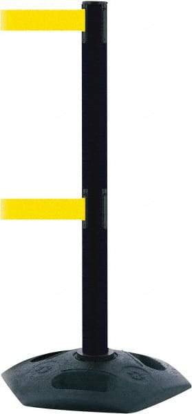 Tensator - 38" High, 2-1/2" Pole Diam, 4 Way Stanchion - 19" Base Diam, Octagon Recycled Rubber Base, Black Plastic Post, 13' x 2" Tape, Dual Line Tape, For Outdoor Use - Exact Industrial Supply