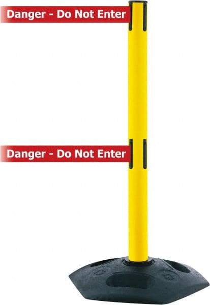 Tensator - 38" High, 2-1/2" Pole Diam, 4 Way Stanchion - 19" Base Diam, Octagon Recycled Rubber Base, Yellow Plastic Post, 7-1/2' x 2" Tape, Dual Line Tape, For Outdoor Use - Exact Industrial Supply