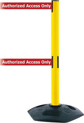 Tensator - 38" High, 2-1/2" Pole Diam, 4 Way Stanchion - 19" Base Diam, Octagon Recycled Rubber Base, Yellow Plastic Post, 7-1/2' x 2" Tape, Dual Line Tape, For Outdoor Use - Exact Industrial Supply