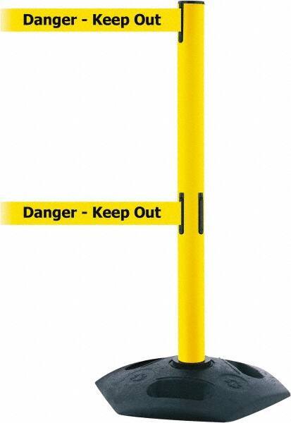 Tensator - 38" High, 2-1/2" Pole Diam, 4 Way Stanchion - 19" Base Diam, Octagon Recycled Rubber Base, Yellow Plastic Post, 7-1/2' x 2" Tape, Dual Line Tape, For Outdoor Use - Exact Industrial Supply