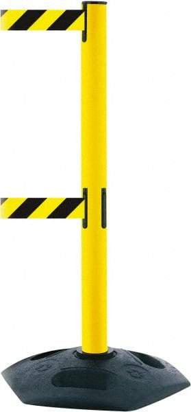 Tensator - 38" High, 2-1/2" Pole Diam, 4 Way Stanchion - 19" Base Diam, Octagon Recycled Rubber Base, Yellow Plastic Post, 7-1/2' x 2" Tape, Dual Line Tape, For Outdoor Use - Exact Industrial Supply