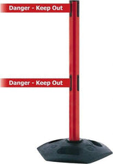 Tensator - 38" High, 2-1/2" Pole Diam, 4 Way Stanchion - 19" Base Diam, Octagon Recycled Rubber Base, Red Plastic Post, 7-1/2' x 2" Tape, Dual Line Tape, For Outdoor Use - Exact Industrial Supply