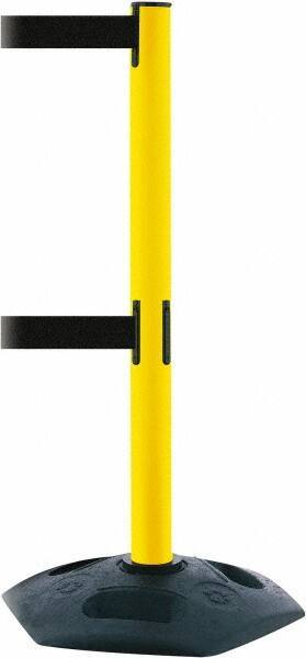 Tensator - 38" High, 2-1/2" Pole Diam, 4 Way Stanchion - 19" Base Diam, Octagon Recycled Rubber Base, Yellow Plastic Post, 7-1/2' x 2" Tape, Dual Line Tape, For Outdoor Use - Exact Industrial Supply