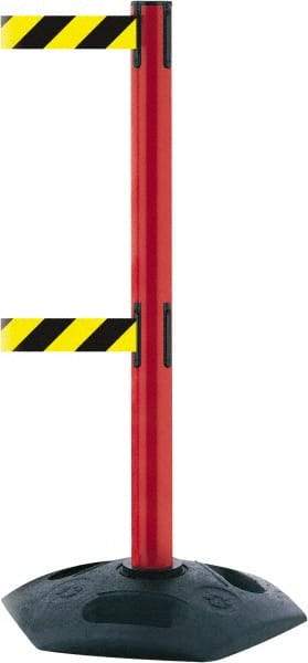 Tensator - 38" High, 2-1/2" Pole Diam, 4 Way Stanchion - 19" Base Diam, Octagon Recycled Rubber Base, Red Plastic Post, 13' x 2" Tape, Dual Line Tape, For Outdoor Use - Exact Industrial Supply