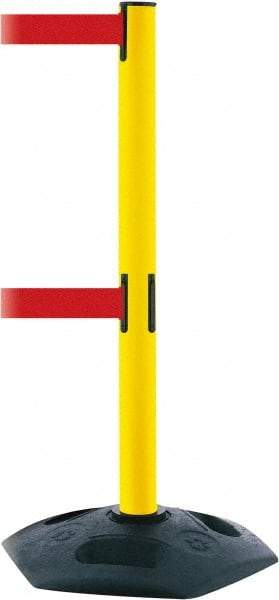 Tensator - 38" High, 2-1/2" Pole Diam, 4 Way Stanchion - 19" Base Diam, Octagon Recycled Rubber Base, Yellow Plastic Post, 13' x 2" Tape, Dual Line Tape, For Outdoor Use - Exact Industrial Supply