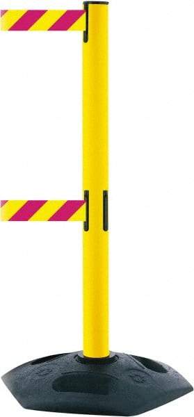 Tensator - 38" High, 2-1/2" Pole Diam, 4 Way Stanchion - 19" Base Diam, Octagon Recycled Rubber Base, Yellow Plastic Post, 13' x 2" Tape, Dual Line Tape, For Outdoor Use - Exact Industrial Supply