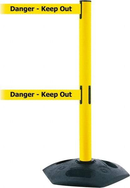 Tensator - 38" High, 2-1/2" Pole Diam, 4 Way Stanchion - 19" Base Diam, Octagon Recycled Rubber Base, Yellow Plastic Post, 13' x 2" Tape, Dual Line Tape, For Outdoor Use - Exact Industrial Supply