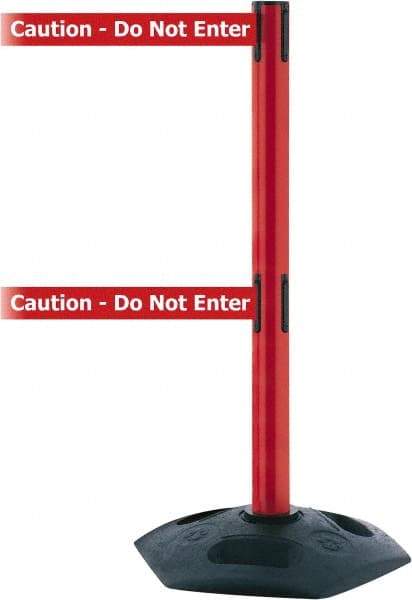 Tensator - 38" High, 2-1/2" Pole Diam, 4 Way Stanchion - 19" Base Diam, Octagon Recycled Rubber Base, Red Plastic Post, 13' x 2" Tape, Dual Line Tape, For Outdoor Use - Exact Industrial Supply