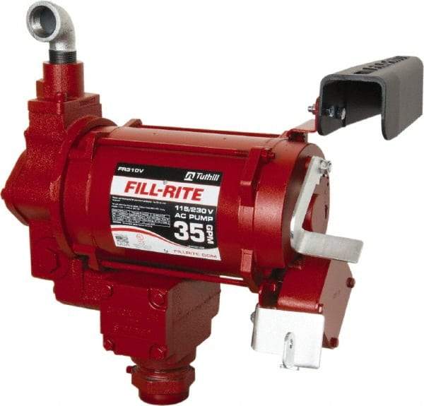 Tuthill - 35 GPM, 1" Hose Diam, Gasoline, Kerosene & Diesel Fuel AC High Flow Tank Pump with Auto Nozzle - Cast Iron Pump, 1-1/4" Inlet, 1" Outlet, 115/230 Volts, 3/4 hp - Exact Industrial Supply