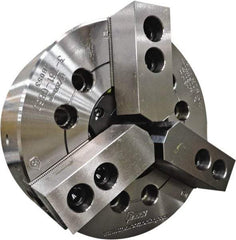 TMX - 3 Jaws, 10" Chuck Diam, Plain Back Mount, 3.0315" Through Hole, Drawtube, Hydraulic Power Lathe Chuck - 1.2205" to 10" Jaw Capacity, 4,200 RPM - Exact Industrial Supply
