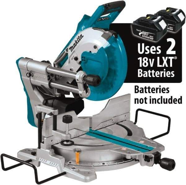Makita - 36 Amp, 18 Volt, 4,400 RPM, 60° Double Bevel Sliding Miter Saw - 5/8" Arbor, 10" Blade Diam, Includes Vertical Vise, Dust Bag, Triangular Rule, Hex Wrench & 10" x 5/8" 40T Micro-Polished Miter Saw Blade - Exact Industrial Supply