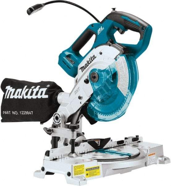 Makita - 36 Amp, 18 Volt, 5,000 RPM, 52° Double Bevel Miter Saw - 5/8" Arbor, 6-1/2" Blade Diam, Includes Triangular Rule, Vertical Vise, Dust Bag, (1) 6-1/2" x 5/8" 64T Micro-Polished Miter Saw Blade & Hex Wrench - Exact Industrial Supply