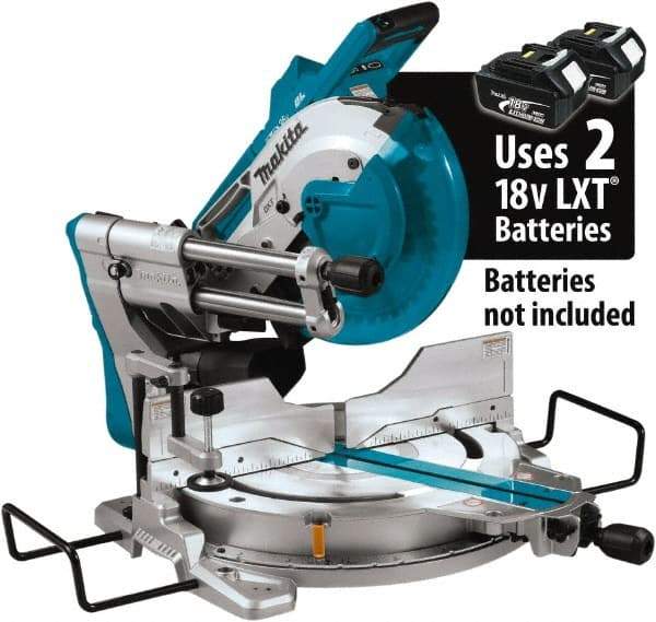 Makita - 36 Amp, 18 Volt, 4,400 RPM, 60° Double Bevel Sliding Miter Saw - 5/8" Arbor, 10" Blade Diam, Includes Vertical Vise, Triangular Rule, Dust Bag, Hex Wrench, 10" x 5/8" 40T Micro-Polished Miter Saw Blade & Wireless Unit - Exact Industrial Supply