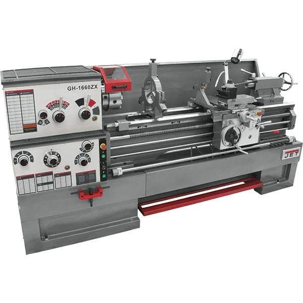 Jet - 16" Swing, 60" Between Centers, 230 Volt, Triple Phase Engine Lathe - 7MT Taper, 7-1/2 hp, 25 to 1,800 RPM, 3-1/8" Bore Diam, 40" Deep x 48" High x 97-1/2" Long - Exact Industrial Supply