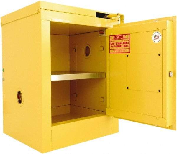 Securall Cabinets - 1 Door, 1 Shelf, Yellow Steel Standard Safety Cabinet for Flammable and Combustible Liquids - 24" High x 17" Wide x 17" Deep, Self Closing Door, 3 Point Key Lock, 4 Gal Capacity - Exact Industrial Supply