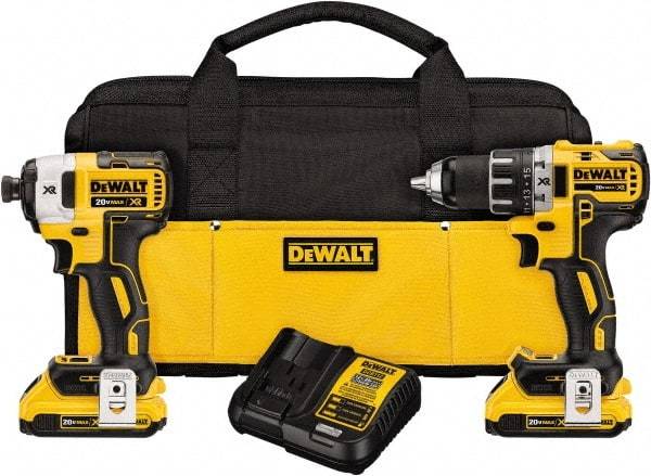 DeWALT - 20 Volt Cordless Tool Combination Kit - Includes Brushless Compact Drill/Driver & Impact Driver, Lithium-Ion Battery Included - Exact Industrial Supply