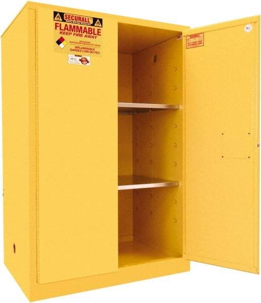 Securall Cabinets - 2 Door, 2 Shelf, Yellow Steel Standard Safety Cabinet for Flammable and Combustible Liquids - 65" High x 43" Wide x 31" Deep, Manual Closing Door, 3 Point Key Lock, 90 Gal Capacity - Exact Industrial Supply