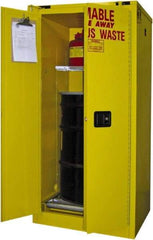 Securall Cabinets - 31" Wide x 31" Deep x 67" High, 18 Gauge Steel Vertical Drum Cabinet with 3 Point Key Lock - Yellow, Self-Closing Door, 1 Shelf, 1 Drum, Drum Rollers Included - Exact Industrial Supply
