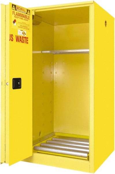 Securall Cabinets - 34" Wide x 34" Deep x 65" High, 18 Gauge Steel Vertical Drum Cabinet with 3 Point Key Lock - Yellow, Self-Closing Door, 1 Shelf, 1 Drum, Drum Rollers Included - Exact Industrial Supply