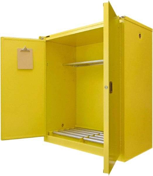 Securall Cabinets - 56" Wide x 31" Deep x 67" High, 18 Gauge Steel Vertical Drum Cabinet with 3 Point Key Lock - Yellow, Self-Closing Door, 1 Shelf, 2 Drums, Drum Rollers Included - Exact Industrial Supply