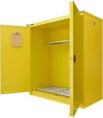 Securall Cabinets - 56" Wide x 31" Deep x 67" High, 18 Gauge Steel Vertical Drum Cabinet with 3 Point Key Lock - Yellow, Self-Closing Door, 1 Shelf, 2 Drums, Drum Rollers Included - Exact Industrial Supply