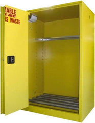 Securall Cabinets - 43" Wide x 31" Deep x 65" High, 18 Gauge Steel Vertical Drum Cabinet with 3 Point Key Lock - Yellow, Self-Closing Door, 1 Shelf, 2 Drums, Drum Rollers Included - Exact Industrial Supply