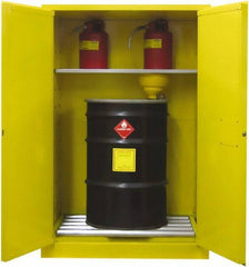 Securall Cabinets - 43" Wide x 31" Deep x 67" High, 18 Gauge Steel Vertical Drum Cabinet with 3 Point Key Lock - Yellow, Self-Closing Door, 1 Shelf, 2 Drums, Drum Rollers Included - Exact Industrial Supply