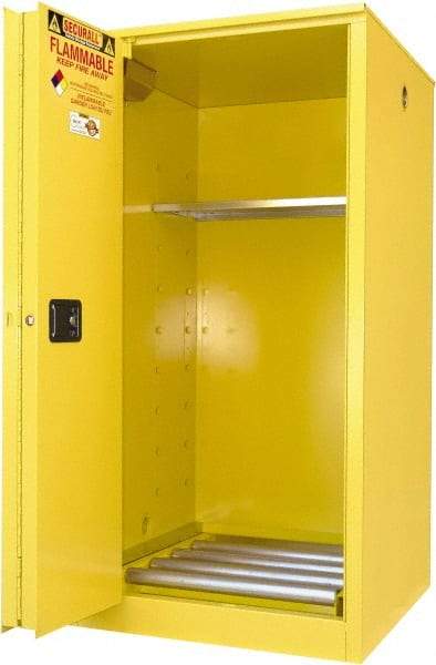 Securall Cabinets - 34" Wide x 34" Deep x 65" High, 18 Gauge Steel Vertical Drum Cabinet with 3 Point Key Lock - Yellow, Sliding Door Door, 1 Shelf, 1 Drum, Drum Rollers Included - Exact Industrial Supply