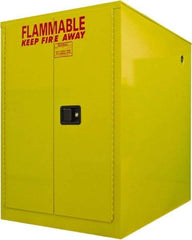 Securall Cabinets - 34" Wide x 50" Deep x 52" High, 18 Gauge Steel Horizontal Drum Cabinet with 3 Point Key Lock - Yellow, Self-Closing Door, 1 Drum - Exact Industrial Supply