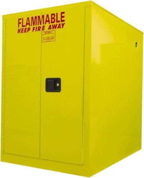 Securall Cabinets - 34" Wide x 50" Deep x 50" High, 18 Gauge Steel Horizontal Drum Cabinet with 3 Point Key Lock - Yellow, Sliding Door Door, 1 Drum - Exact Industrial Supply