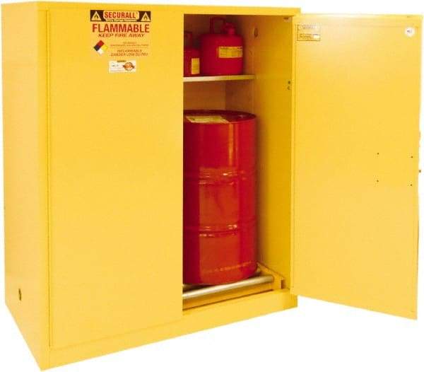 Securall Cabinets - 56" Wide x 31" Deep x 65" High, 18 Gauge Steel Vertical Drum Cabinet with 3 Point Key Lock - Yellow, Manual Closing Door, 3 Shelves, 1 Drum, Drum Rollers Included - Exact Industrial Supply